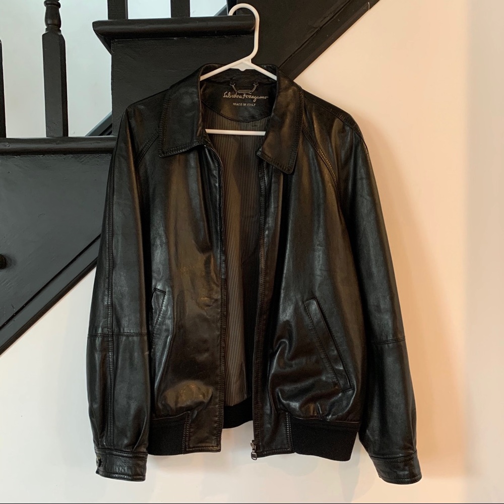 Salvatore Ferragamo Black Leather Bomber Jacket